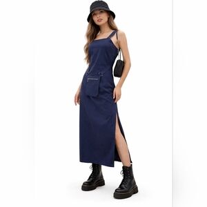 Y2K Navy Blue Sleeveless Buckle Detail Ultiltarian Maxi Dress S